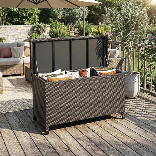 Wicker Deck Box, 125 Gallon All-Weather Outdoor Storage Box, Rattan Storage Bin for Patio Furniture, Outdoor Cushions, Pool Storage and Garden Tools, Brown