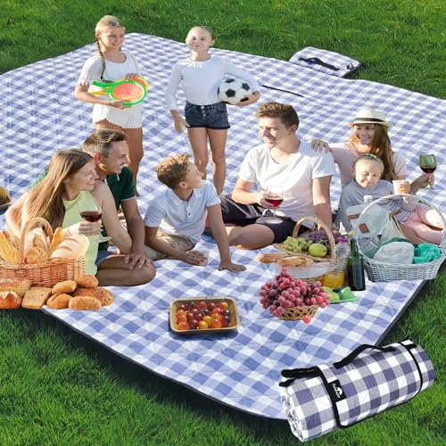 Picnic Blankets Machine Washable, 79''x79'' Extra Large Waterproof Foldable Compact Beach Blankets, Oversized XL Outdoor Mat for Spring Summer Camping, Park, Travel - color: Wathet and White