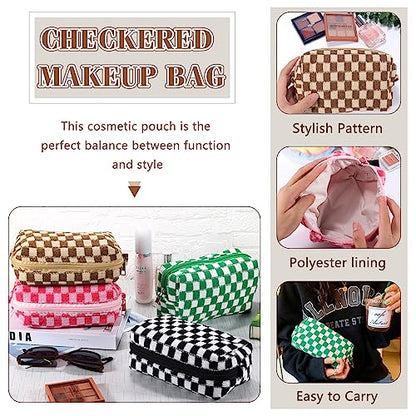 ZLFSRQ 4Pcs Checkered Pencil Case Cute Pencil Pouch for Teens Checkered Makeup Bag Medium Travel Cosmetic Bag Makeup Pouch for Purse Aesthetic Trendy Zipper Toiletry Bags(Green/Black/Pink/Brown) - color: Checkered 4Pcs M Pink/Black/Green/Brown