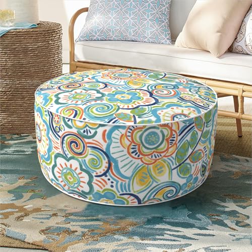 DYTXIII Inflatable Ottoman Stool D21 xH9 for Outdoor/Indoor Use, Water Repellent Patio Foot Rest Stool with Portable Handle,Round Pouf Ottoman Suitable for Garden,Deck and Camping - Flower Blue - color: Flower Blue, size: 21"D x 21"W x 9"H