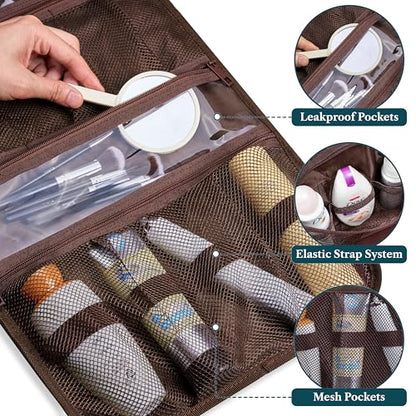 PAVILIA Hanging Toiletry Bag for Women Men, Large Foldable Toiletries Organizer with Hook, Water-Resistant Makeup Cosmetic Rollup Case, Clear Pockets for Bathroom, Gym, Cruise (Brown) - color: Brown