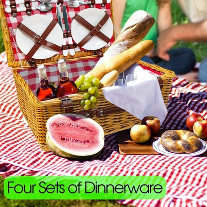 Nature Gear Picnic Basket, Wicker Basket with Handle for Outdoors, Insulated Woven Basket, Includes a Service Kit of Dinnerware & Wine Glasses, Picnic Basket Set for 4 with Blanket, Red & White - color: Red & White & Blanket