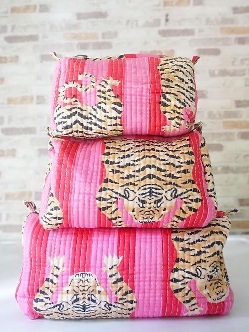 YILLE Set of 3 Pieces Block Printed Travel Organizer Kit Storage Bag for Women Makeup Bag Travel Cosmetic Bag (Pink Fat Tiger) - color: Pink Fat Tiger