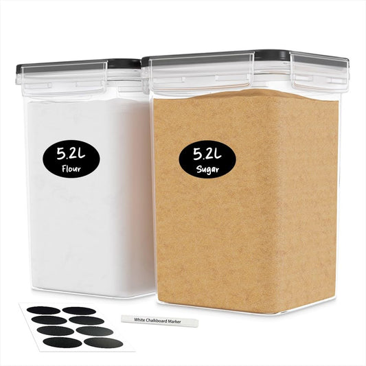 DWËLLZA KITCHEN Large Flour Sugar Storage Containers Set of 2; 175 FL. oz - 5.2L Plastic Airtight Food Storage Containers with Lids for Kitchen Pantry Organization - Food Containers, Labels & Marker - color: 02 - 5.2L (Set of 2)