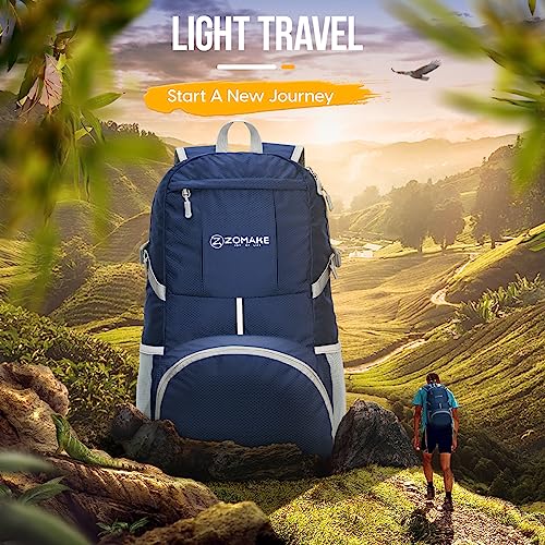 ZOMAKE Lightweight Packable Backpack 35L, Light Foldable Backpacks Water Resistant Collapsible Hiking Bag, Compact Folding Day Pack for Travel Camping(Navy Blue) - color: Navy Blue