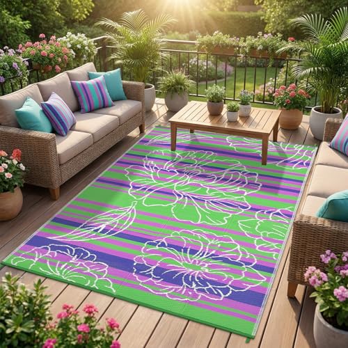 Garvee 6x9 Outdoor Waterproof Rug, Floral Outdoor Area Rug，Reversible Plastic Straw Patio Rug, Portable Camping Mat for RV, Picnic, Beach, Balcony, Garden & Camping Green - color: Green, size: 6' x 9' (Rectangular)