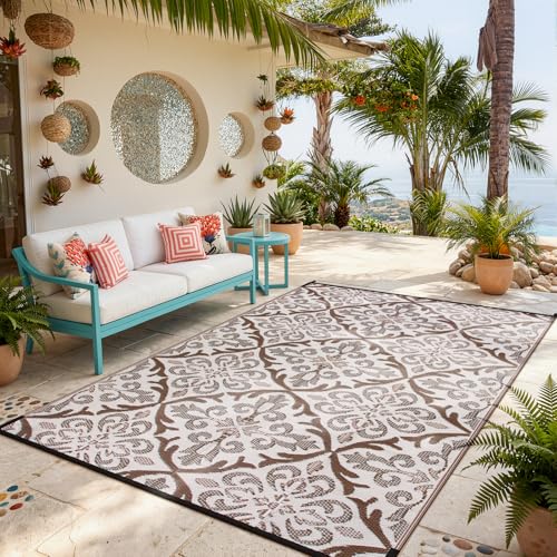 Lahome 6x9 Outdoor Rugs for Patios Waterproof, Plastic Straw Portable Reversible Rv Rug, Porch Floor Camping Carpet for Balcony Tent, Khaki 6'x9' - color: Khaki, size: 6' x 9' (Rectangular)