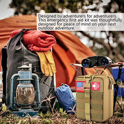 [Upgrade] Survival First Aid Kit Outdoor Molle System with Tactical Gear Set Trauma Kit for Camper Travel Hunting Hiking and Adventures - color: Tan