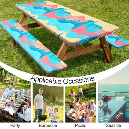 Picnic Table Cover with Bench Covers 6FT 3 Pcs Waterproof Windproof Aesthetic Camping Tablecloth with Drawstring Bag, Fitted for 6 Foot Rectangle Tables and Seats, 72 inch, Blue Orange - color: Blue Orange