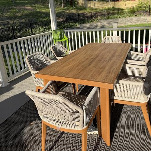 PURPLE LEAF 7 Pieces Patio Dining Set Aluminum Rectangular Table and Rattan Arm Chairs with Cushions for Kitchen Porch Garden Modern Outdoor Furniture Sets - color: Deep Teak-high Armrest, size: 7 PCS, style: Rectangular