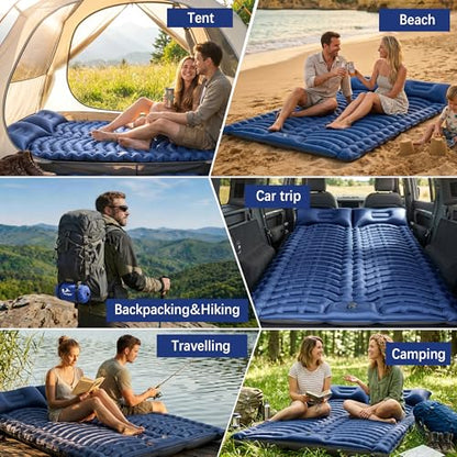 Double Sleeping Pad for Camping - Ultralight Air Mattress with Pillows, Built-in Foot Pump, Compact Inflatable 2-Person Portable Mat for Backpacking, Hiking, Tent, Car Travel, Beach，Road Trip - color: Navy Blue