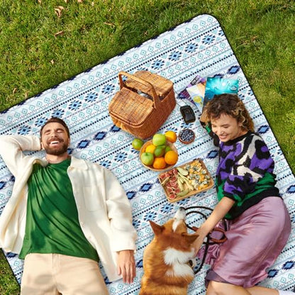 Waterproof Picnic Outdoor Blanket, 79" x 59" Sandproof Foldable Large Picnic Blanket for Beach, Camping, Park, Travel, Concert, Great Gift for Families and Couples (Bohemian Blue) - color: Bohemian Blue