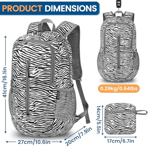 ZOMAKE Ultra Lightweight Packable Backpack 25L - Foldable Hiking Backpacks Water Resistant Small Folding Daypack for Travel(Zebra print) - color: Zebra Print