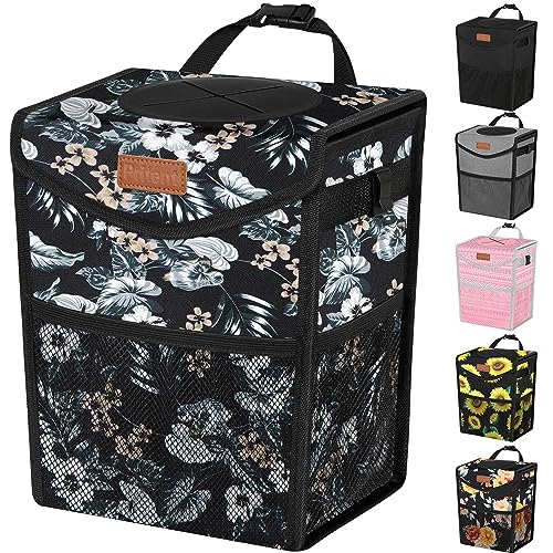 Pritent Car Trash Can with Lid, Cute Leakproof Car Trash Garbage Bag Hanging Vehicle Trash Bin Small Portable Automotive Garbage Cans Organizer for Back/Front Seat(Trapezoid,Black with Lily Print) - color: Black with Lily Print, size: 2 Gallons
