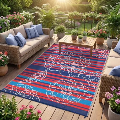Garvee 5x8 Outdoor Waterproof Rug, Floral Outdoor Area Rug，Reversible Plastic Straw Patio Rug, Portable Camping Mat for RV, Picnic, Beach, Balcony, Garden & Camping Red&Navy - color: Rednavy, size: 5' x 8' (Rectangular)
