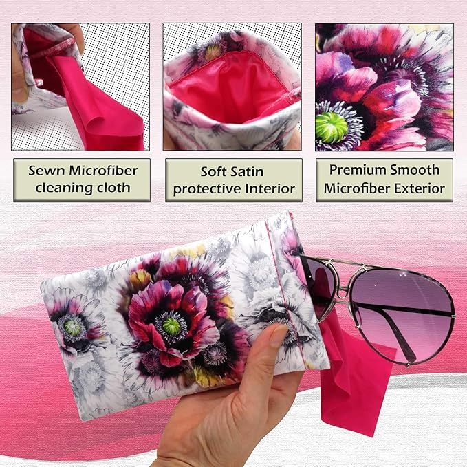 MyEyeglassCase Hard Sunglasses case - Women Glasses Case Holder - Large Durable Eyeglass Case Hard Shell with Pouch & Cloth - color: Z-combo As113 Poppy