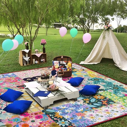 Supfitness Extra Large Picnic Blankets Waterproof Foldable (80 "x 80") Beach Blanket Waterproof Sandproof,3-Layer Thicking Mat Outdoor Packable Camping Blanket(Bohemian) - color: Flower, size: 80x80in