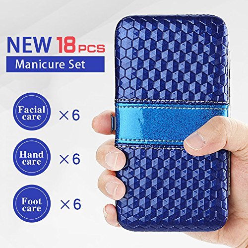 Teamkio 18pcs Manicure Set Pedicure Nail Clippers Set Travel Hygiene Kit Stainless Steel Professional Cutter Care Set Scissor Tweezers Knife Ear Pick Tools Grooming Kits with Leather Case - color: Blue