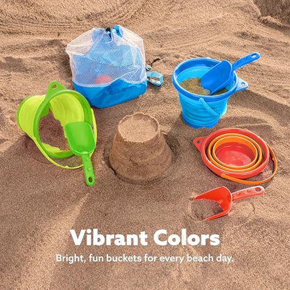 JOYIN 3 Packs Foldable Pail Bucket with Shovels & Mesh Bag, Collapsible Buckets Multi Purpose for Beach, Camping Gear, Beach Party, Fishing, and Fun Summer Activities (Orange/Blue/Green) - color: Orange/Blue/Green