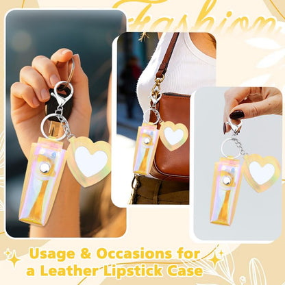 Sisadodo Glitter Lip Oil Holder Key Chains for Woman Lipstick Case with Mirror Lip Balm Keychain for Lipstick Case Keychain - color: Pv Yellow-heart