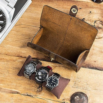 Personalized Custom Name Watch Case Roll Organizer, Luxury Genuine Leather Travel 3-Watches Case For Watch/Bracelet (06 Coffee) - color: 06 Coffee