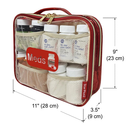 Large Travel Pill Bottle Organizer, Clear Medicine Bag, 2 Zipper Compartments with Divider and Mesh Pockets, Easy View of Medications, Medical Supplies, and Toiletries, PVC - Red - color: - Pvc Red, size: L (Pack of 1)