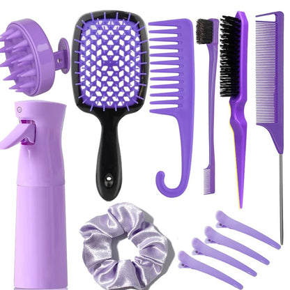 12 Pcs Hair Brush Set with Continuous Hair Spray Bottle for Women, Rat Tail Combs for Toddlers, Soft Scalp Massager, Detangling Hairbrush for Wet Dry Curly Hair (purple) - color: Purple