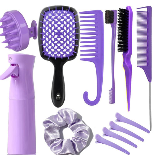 12 Pcs Hair Brush Set with Continuous Hair Spray Bottle for Women, Rat Tail Combs for Toddlers, Soft Scalp Massager, Detangling Hairbrush for Wet Dry Curly Hair (purple) - color: Purple
