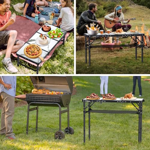 Anbte Folding Camping Table, Aluminum Small Folding Table 3 Adjustable Height Max 27.5", Portable Table with Carry Handle, Lightweight, for Outdoor Indoor Travel Camping Picnic BBQ, 34.6" x 15.7" - color: White Marble Pattern