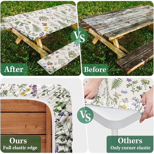 Picnic Table Cover with Bench Covers Elastic Edges, Wildflower Flower Camper Fitted Table Cover, Outdoor Camping Essentials 72 Inch 3PCS, Waterproof Camping Fitted Tablecloth with Drawstring Bag - color: Wildflower Botanical, size: 72in