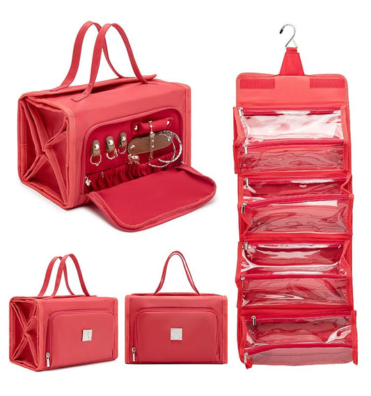 ROYALFAIR Roll Up Makeup Bag, Travel Toiletry Bag for Women with 4 Clear TSA Approved Pouches, Hanging Travel Organizer, Folding Cosmetic Bag for Men and Women (Red) - color: Red