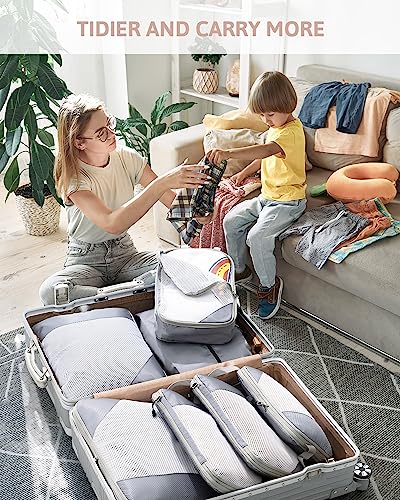 Meowoo 7 Set Compression Packing Cubes for Travel, Durable Ripstop Mesh Suitcase Organizer with Shoe Bag, Ultralight & Expandable Space Saver Travel Cubes - color: Gray