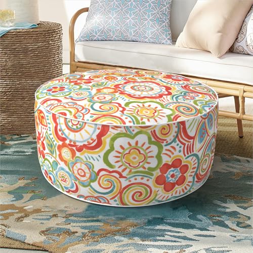 DYTXIII Inflatable Ottoman Stool D21 xH9 for Outdoor/Indoor Use, Water Repellent Patio Foot Rest Stool with Portable Handle,Round Pouf Ottoman Suitable for Garden,Deck and Camping - Flower Red - color: Flower Red, size: 21"D x 21"W x 9"H