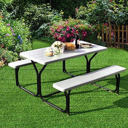 GYMAX Picnic Table, Picnic Bench Easy to Assemble w/All Weather Wood Grain Tabletop & Metal Frame, Picnic Tables for Outdoors Camping Backyard Deck Patio Poolside Dining Party - color: Grey