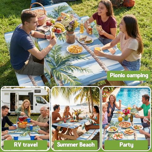 Picnic Table Cover with Bench Covers Waterproof Elastic Rectangle Reusable Folding Tablecloth Manteles Mantelería Camping Essentials Rv Car Travel Supplies Table Cloth Outdoor Road Trip Camper Gifts - color: Blue Green Coconut Tree, size: 72in