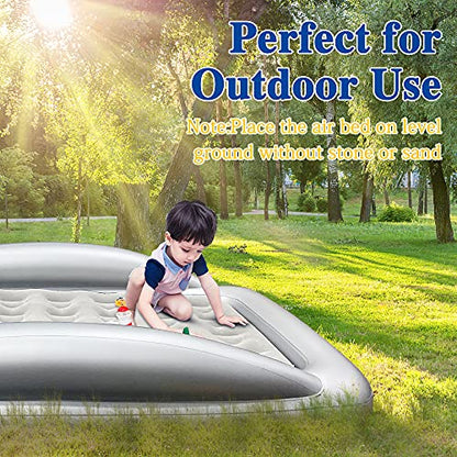 Inflatable Kids Travel Bed Toddler Air Mattress Set,Portable Blow Up Mattress Sleeping Bed Cot with Bed Rails and Electric Pump Ideal for Road Trip - color: Grey