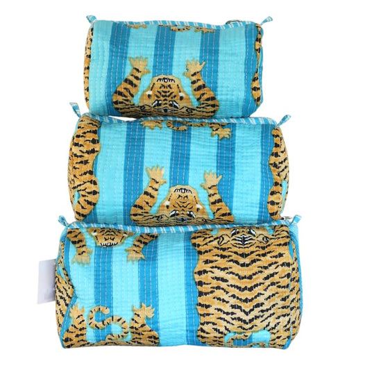YILLE Set of 3 Pieces Block Printed Travel Organizer Kit Storage Bag for Women Makeup Bag Travel Cosmetic Bag (Turquoise Fat Tiger) - color: Turquoise Fat Tiger