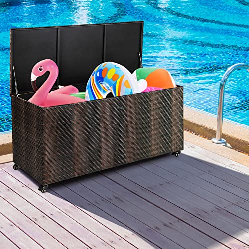 Tangkula 96 Gallon Deck Box, PE Wicker Outdoor Storage Box with 4 Wheels and Waterproof Liner, Outdoor Rectangular Storage Container for Cushions, Garden Tools (Mix Brown) - color: Mix Brown