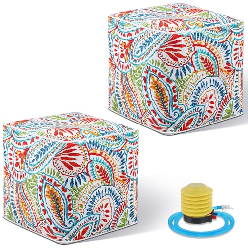 Juexica 2 Pack Inflatable Outdoor Ottoman Pouf Waterproof Cube 16" Square Blow up Ottoman Footrest with Handle Outdoor Portable Footstool for Patio Garden Camping or Home Pool(Retro,Red) - color: Red, style: Retro