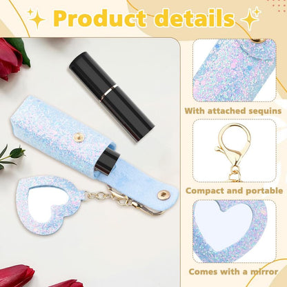 Sisadodo Glitter Lip Oil Holder Key Chains for Woman Lipstick Case with Mirror Lip Balm Keychain for Lipstick Case Keychain - color: Blue-heart
