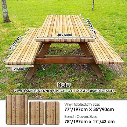 Boao 3 Pcs Vinyl Picnic Table Cover with Bench Cover 6 ft 30 x 72 Inch Waterproof Fitted Tablecloth Flannel Backing Rectangular Elastic Edged for Camping Outdoor Patio Travel(Wood Grain) - color: Wood Grain