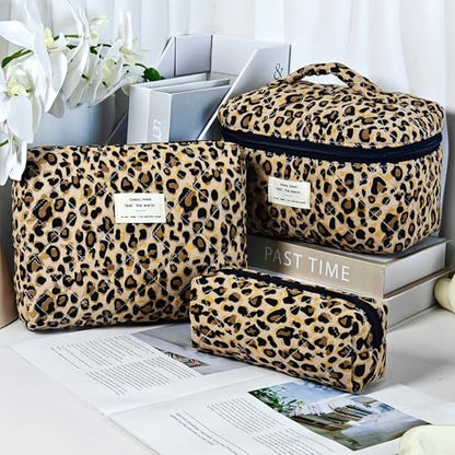 GISMTR 3Pcs Makeup Bag Cotton Quilted Travel Cosmetic Bag Cute Floral Makeup Pouch Large Toiletry Bag for Women Girls - color: Brown leopard print