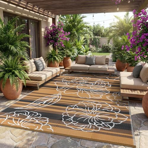 Garvee 10x14 Outdoor Waterproof Rug, Floral Outdoor Area Rug，Reversible Plastic Straw Patio Rug, Portable Camping Mat for RV, Picnic, Beach, Balcony, Garden & Camping Black&Brown - color: Blackbrown, size: 10' x 14' (Rectangular)