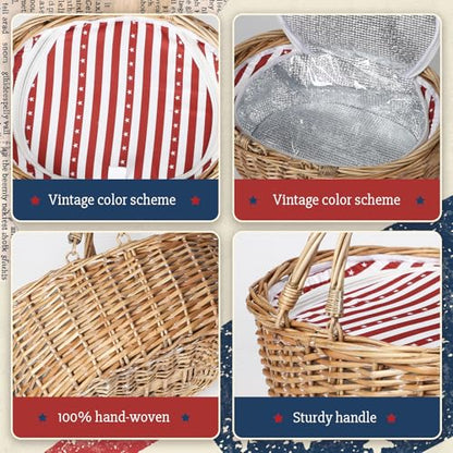 Wicker Picnic Basket with Insulated Lined Bag 15“ x 11” x 7“ Red, White Star Stripe Pattern, Iced Beer Insulated Bag for Camping, Picnics, Birthday Gifts, Wedding Gifts - color: Classic Red & White Stripes