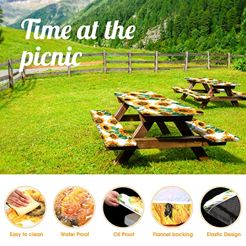 Boao 3 Pcs Vinyl Picnic Table Cover with Bench Cover 6 ft 30 x 72 Inch Waterproof Fitted Tablecloth Flannel Backing Rectangular Elastic Edged for Camping Outdoor Patio Travel(Sunflower) - color: Sunflower