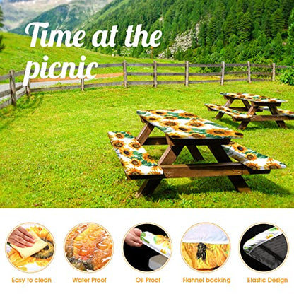 Boao 3 Pcs Vinyl Picnic Table Cover with Bench Cover 6 ft 30 x 72 Inch Waterproof Fitted Tablecloth Flannel Backing Rectangular Elastic Edged for Camping Outdoor Patio Travel(Sunflower) - color: Sunflower