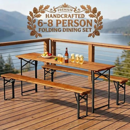 AVAWING 5.8FT 3-Piece Portable Picnic Table Bench Set, 6-8 Person Folding Wooden Dining Table Set，70" Patio Beer Table for Outdoor Activities Garden BBQs Parties Camping
