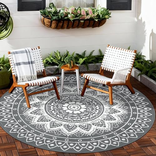 Round Outdoor Rugs for Patios, 6Ft Waterproof Reversible Plastic Straw Mat with Carry Bags, Boho Lightweight Outdoor Carpet Portable Round Floor Mat for Patio Camping Picnic Backyard RV,Grey & White - color: Grey & White, size: 6' (Round)