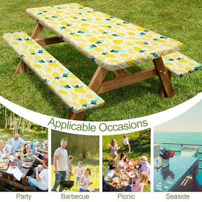 Picnic Table Cover with Bench Covers 6FT 3 Pcs Waterproof Windproof Aesthetic Camping Tablecloth with Drawstring Bag, Fitted for 6 Foot Rectangle Tables and Seats, 72 inch, Yellow Lemon - color: Yellow Lemon