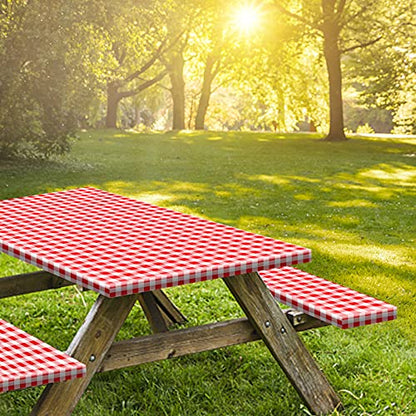 6ft Picnic Table and Bench Cover, Camping Essentials RV Gear, 72in Waterproof Windproof Outdoor Elastic All Around Tablecloth, Fitted Rectangle Tables and Seats, Red-White Checkered - color: Red-white Checkered, size: 72"